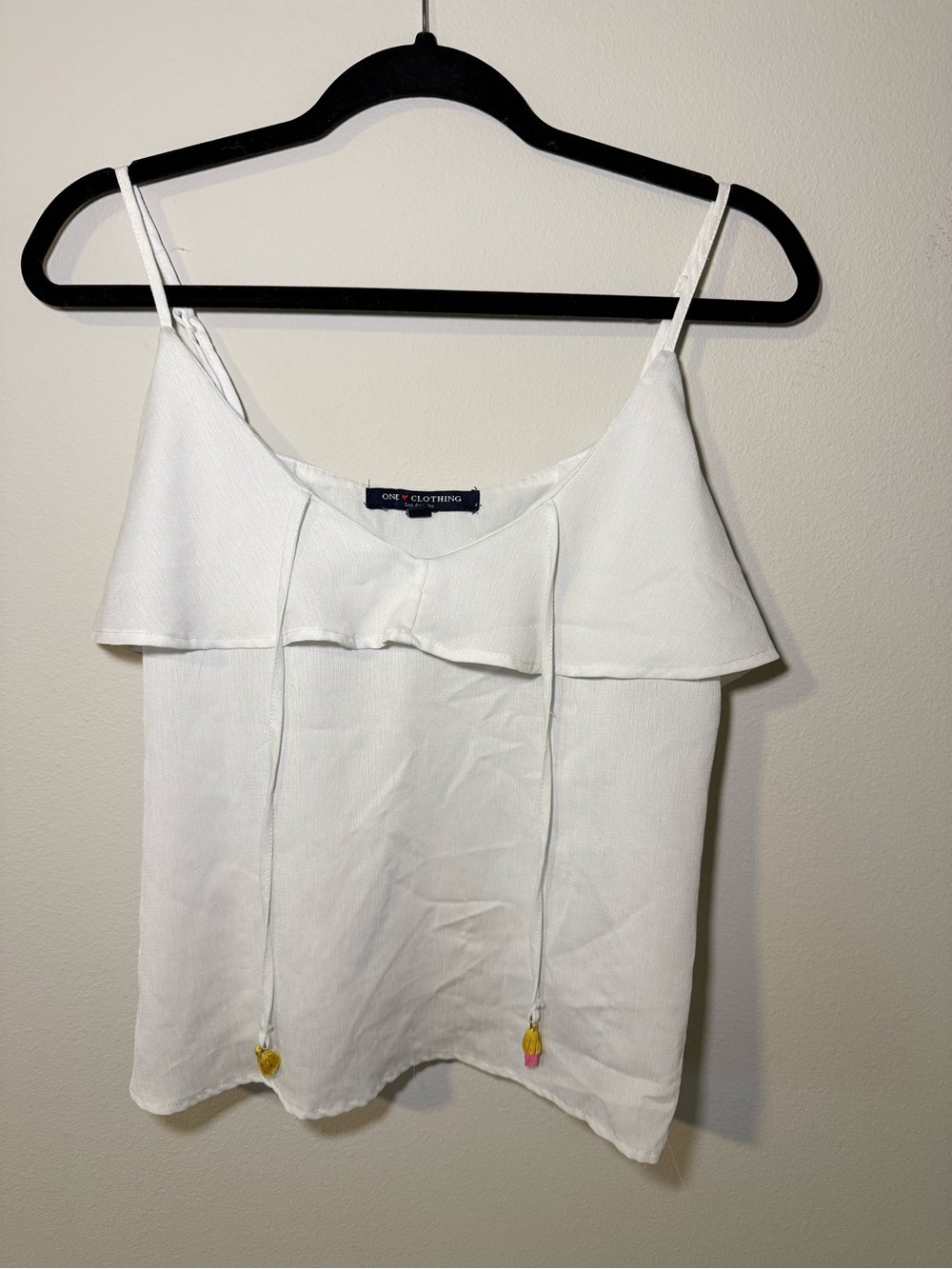 one clothing White Ruffle Cami with Bead-Tie Accents